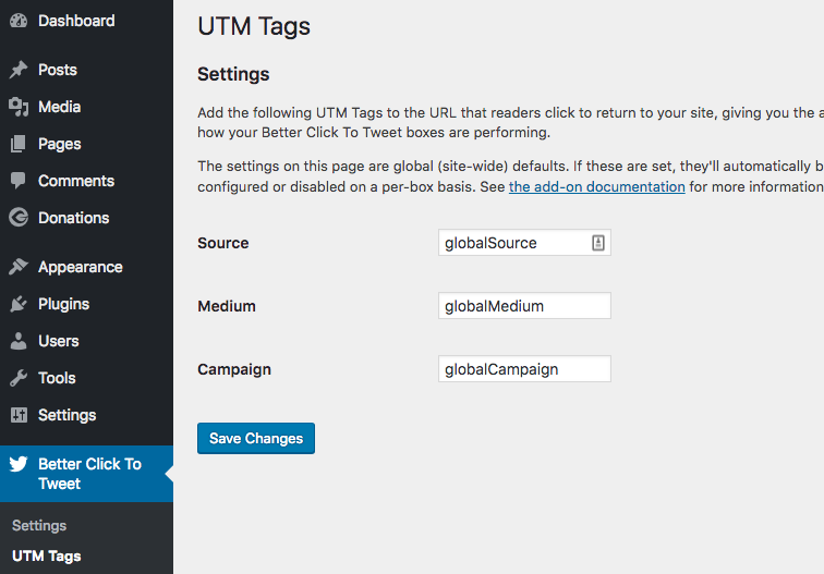 Screenshot of the UTM Tags settings page showing Source, Medium, and Campaign inputs filled with "global" variables. 